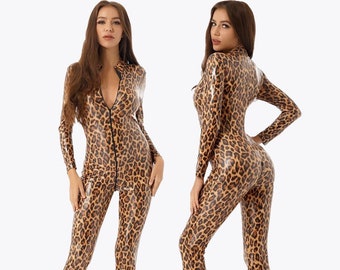 Catsuit Bodysuit Women PVC Latex Leopard Print Catsuit Bodysuit Dominatrix Outfit Latex Catsuit Women Clubwear