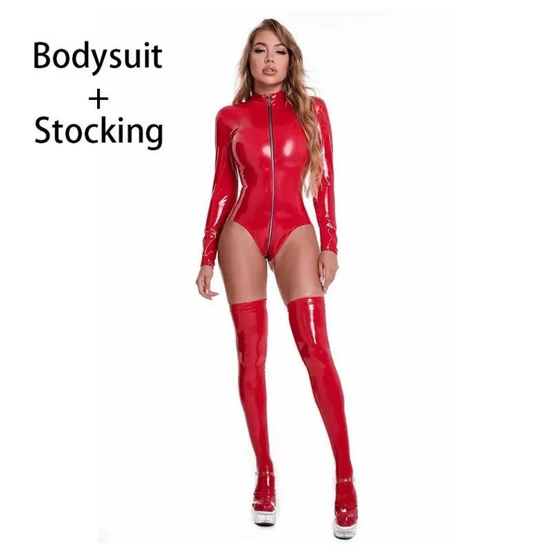 Lange Mouw Vrouwen Rits Hoge Hals Rekbare Jumpsuit Glanzend Metallic