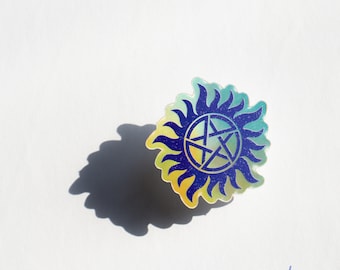 Pegatina holográfica antiposesión, inspirada en SPN, resistente al agua