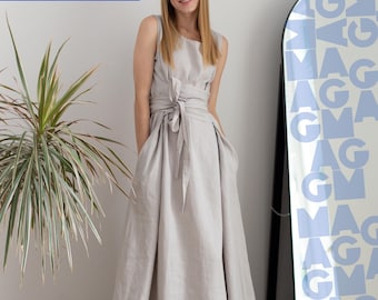 Sleeveless Linen Wrap Dress, Long Summer Dress for Women, Casual Flowy Dress, Lightweight Dress with Belt