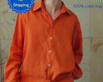 Plain Linen Men’s Shirt, Mens Linen Shirt with Short Sleeves, Buttons and Collar, Top for Men, Spring, Summer, White, Blue, Light
