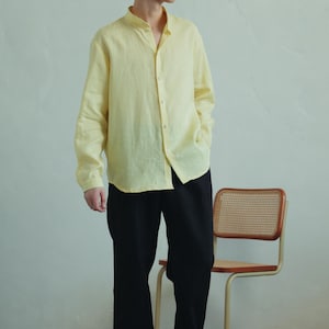 Plain Linen Men’s Shirt with stand collar, Men&#39;s Linen Band Collar Shirt - Handmade with French Seams, Eco-Friendly, Spring, Summer