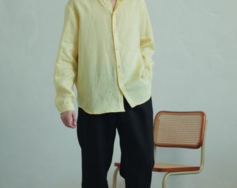 Camisa de lino lisa para hombre con cuello alto, camisa de lino con cuello mao para hombre - Hecha a mano con costuras francesas, ecológica, primavera, verano