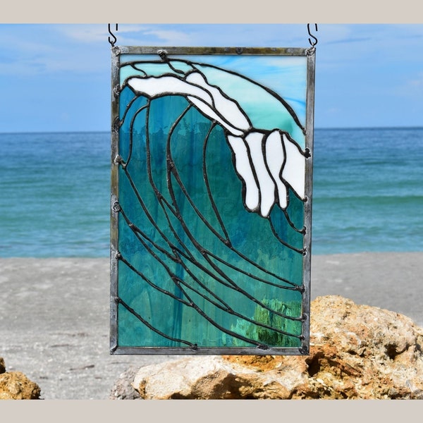 Coastal Beach Waves Stained Glass Window Panel Sun Catcher Wall Hanging