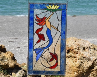 Tropical Mermaid with Water Lily Stained Glass Window Panel Vivid Colors