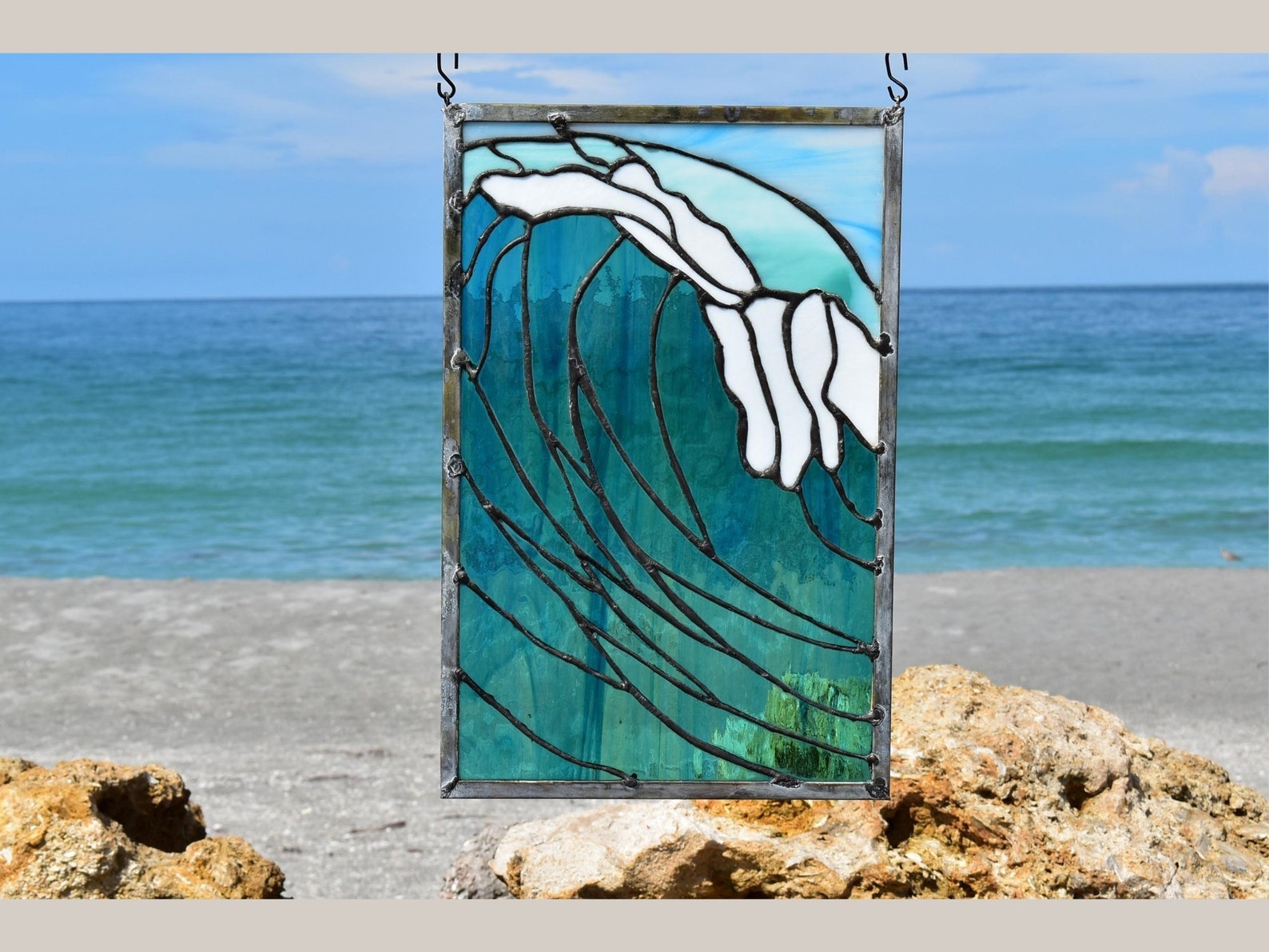 Coastal Beach Waves Stained Glass Window Panel Sun Catcher Wall Hanging