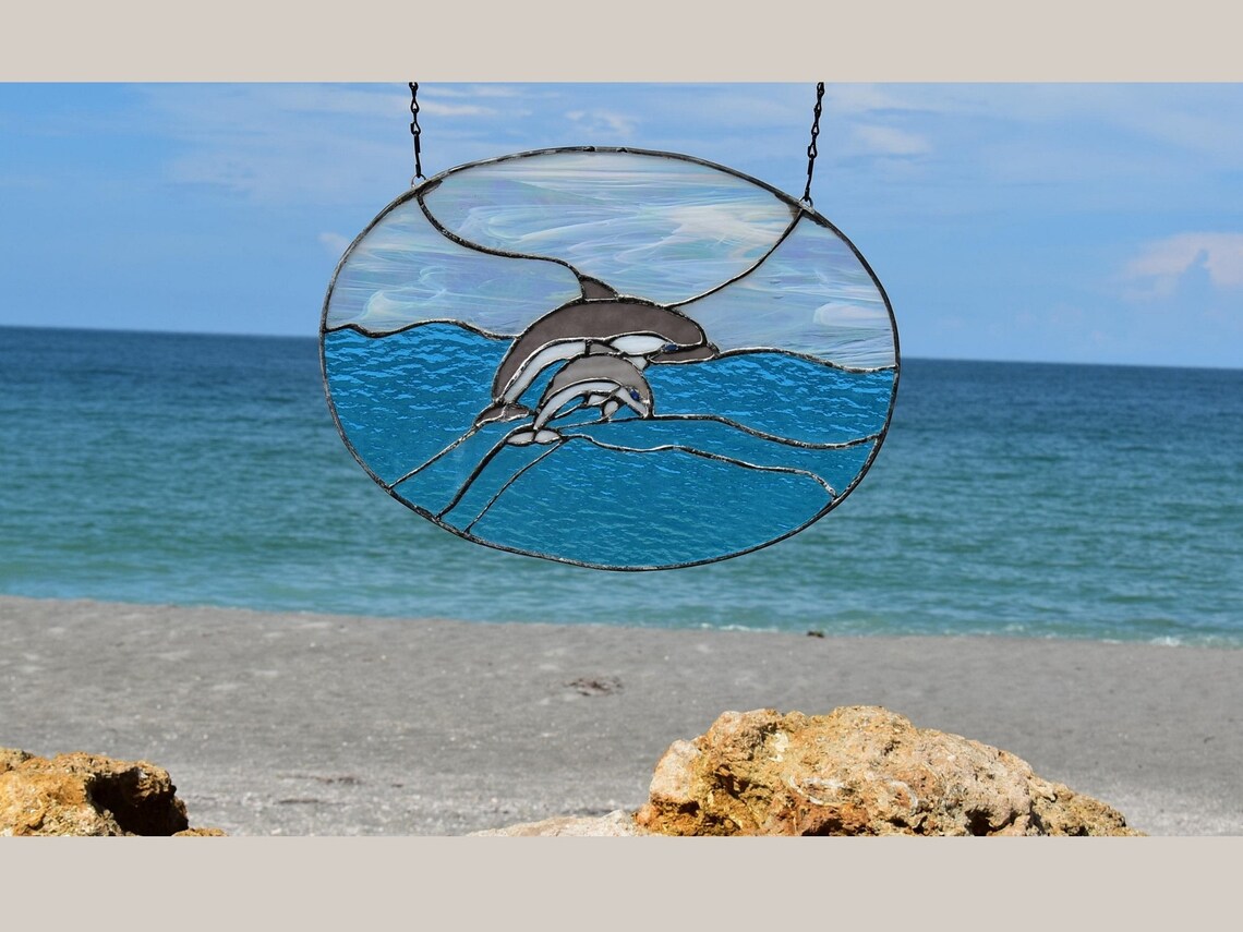 Playful Dolphins on Gulf Stained Glass Window Panel, Dolphins Jumping
