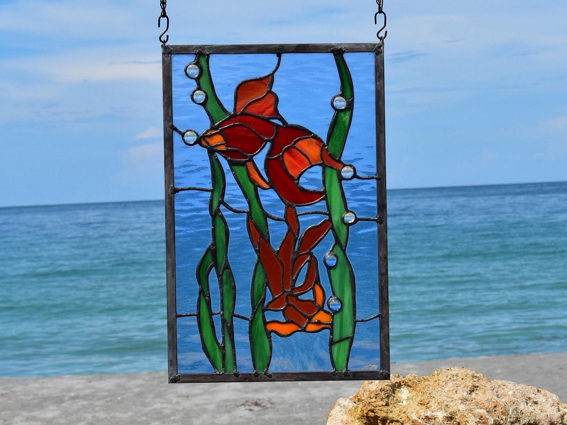 Tropical Beta Fish Stained Glass Window Panel Sidelight 3D Water