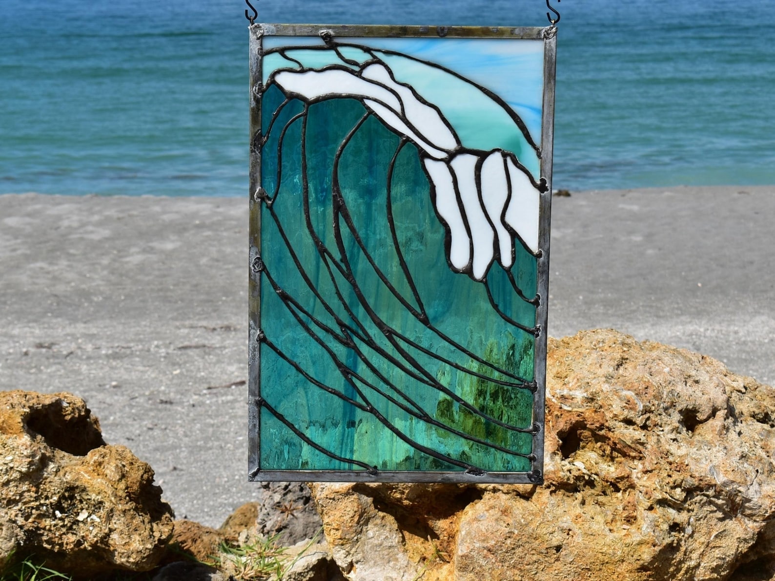 Coastal Beach Waves Stained Glass Window Panel Sun Catcher Wall Hanging