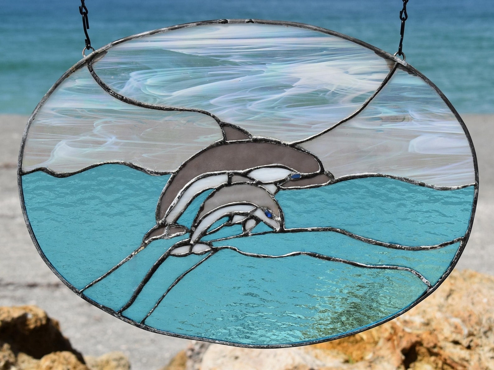 Playful Dolphins on Gulf Stained Glass Window Panel, Dolphins Jumping