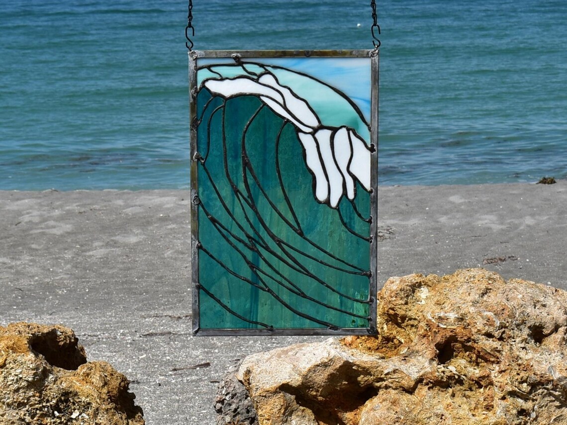 Coastal Beach Waves Stained Glass Window Panel Sun Catcher Etsy