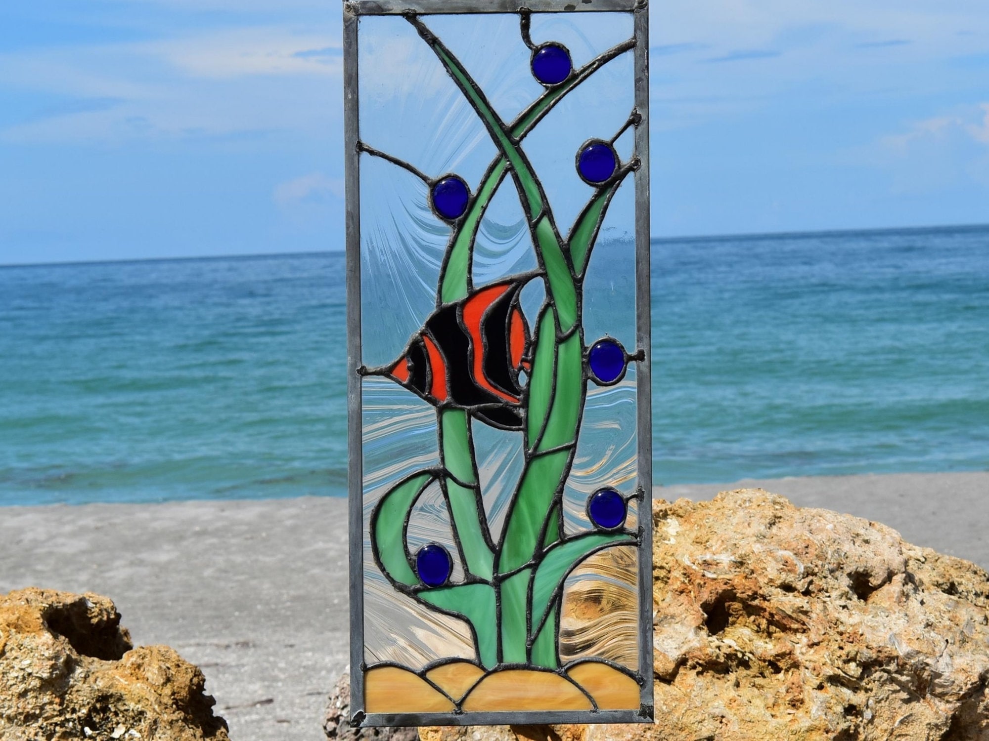 Ocean Life Colorful Red Fish Stained Glass Window Panel 3D Bubbles - Etsy