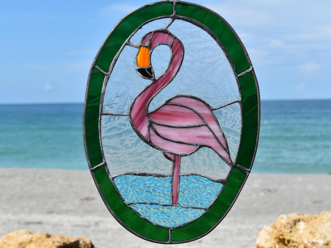 Pink Flamingo on the Beach Stained Glass Window Oval Panel - Etsy