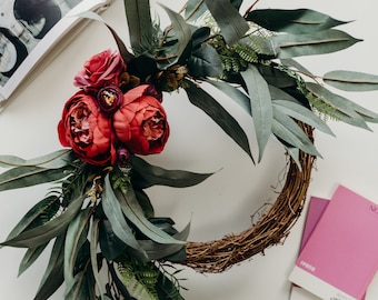 Peony wreath for front door; artificial flower wreath