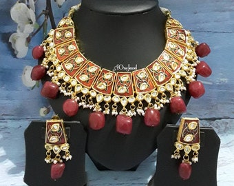 Indian Ethnic Kundan Pearl Gold Plated Necklace Earrings Set, Necklace Set, Wedding Jewelry Set, Traditional Jewelry, Pakistani Jewelry