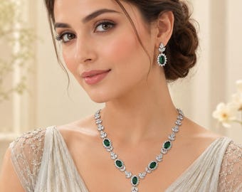 Emerald Green CZ Crystal Bridal Jewelry Set, Wedding Jewellery, Luxury Silver Statement Necklace & Earrings, Hollywood Glam Bridal jewelry