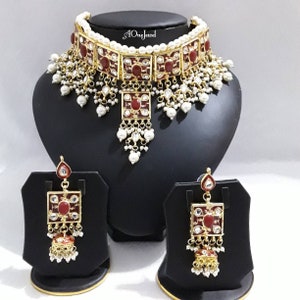 Indian Ethnic Kundan Pearl Gold Plated Choker Necklace Jhumki Earrings Set, Necklace Set, Wedding Bridal Jewelry Set, Pakistani Jewelry