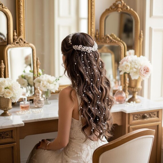 Bridal Pearl Headband, Gold Wedding Hair Tassel, Hair Comb  display picture 3