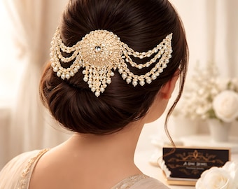 Kundan Pearl Hair Chain – Bridal Ethnic Hair Jewelry - Etsy  display picture 3
