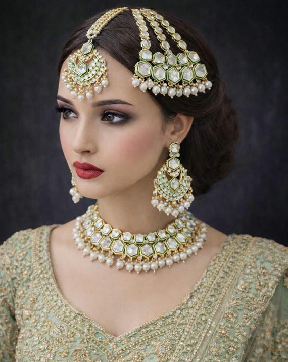 Indian Bridal Ivory Pearl Kundan Necklace Earrings Tikka Jhumar