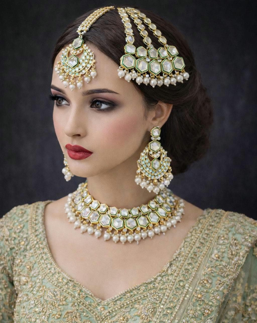 Indian Bridal Ivory Pearl Kundan Necklace Earrings Tikka Jhumar