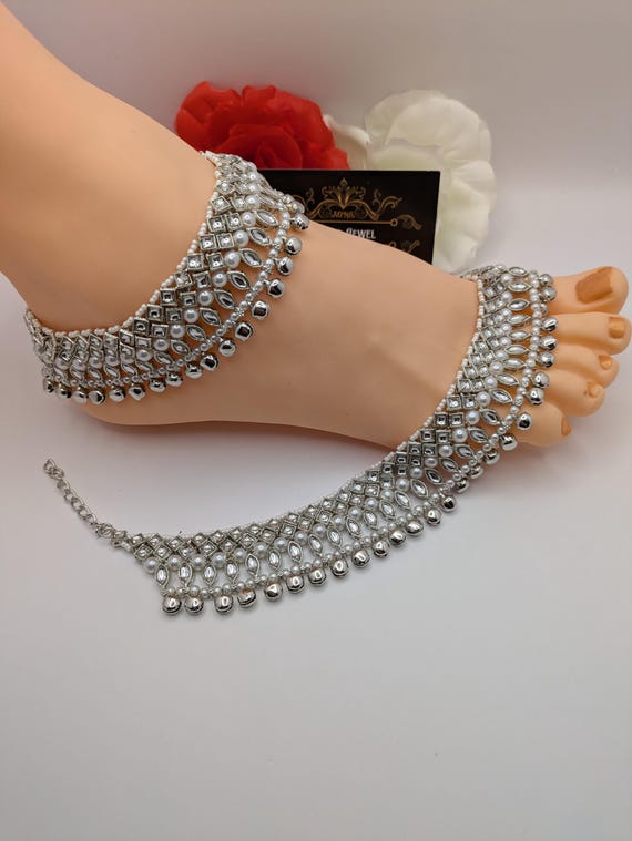 Indian Kundan Anklets Silver Plated Anklets Jhanjar Bridal Anklets Boho Anklets Pakistani Anklets Wedding Anklets Women Foot Jewelry