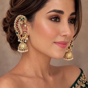 Gold indische Jhumka Ear Cuff Ohrringe, Perle Sahara Kette