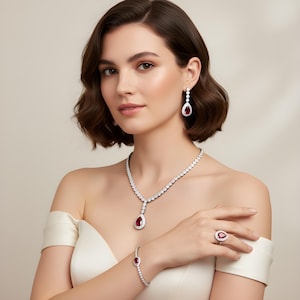 Indian Bridal CZ Diamanté 4PCS Ruby Necklace Set, Necklace Earrings Ring Bracelet Jewelry Set, Silver Wedding Necklace Set, Bridal Jewelry