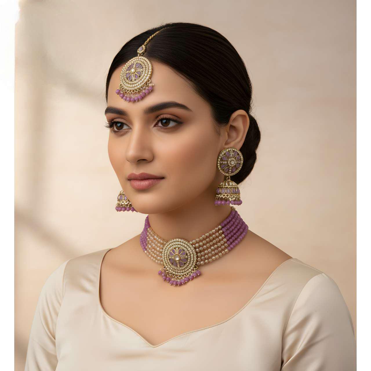 Indian Jewelry Set: Kundan Choker Necklace, Jhumka Earrings