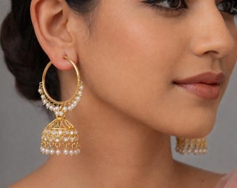 Kundan Jhumki Earrings, Gold Hoop, Pearl Indian Jewelry