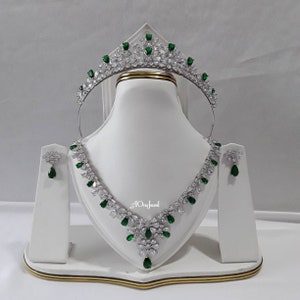 Indian Bridal CZ Diamanté 3PCS Emerald Necklace Set, Necklace Earrings Tiara/Crown Jewelry Set, Silver Wedding Necklace Set, Bridal Jewelry
