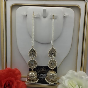 Sahara Earrings, Antique Gold Pearl Jhumka Earrings With Support, Pearl Earrings Chain, Pearl Kaan Chain, Bahuballi Earrings,Indian Earrings
