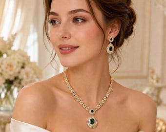 Royal CZ Diamond Bridal Jewelry Set, Gold Plated Necklace & Earrings, Emerald Wedding Necklace for Bride, Reception Jewelry, Engagement Set