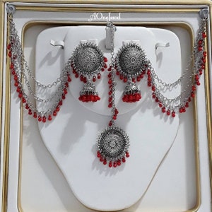 Indian Designer Antique Silver Red Crystal Pearl Earrings Tikka Set, Sahara Earrings and Tikka, Ear Support Jhumki Earrings Tikka