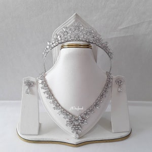 Indian Bridal CZ Diamanté Cubic Zircon Necklace Set, Necklace Earrings Tiara/Crown Jewelry Set, Silver Wedding Necklace Set, Bridal Jewelry