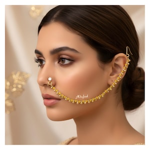 Indian Nose Ring with Ear Chain, Gold Plated Nath, Bridal Nose Piercing Jewelry