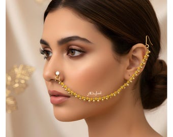 Indian Nose Ring with Ear Chain, Gold Plated Nath, Bridal Nose Piercing Jewelry