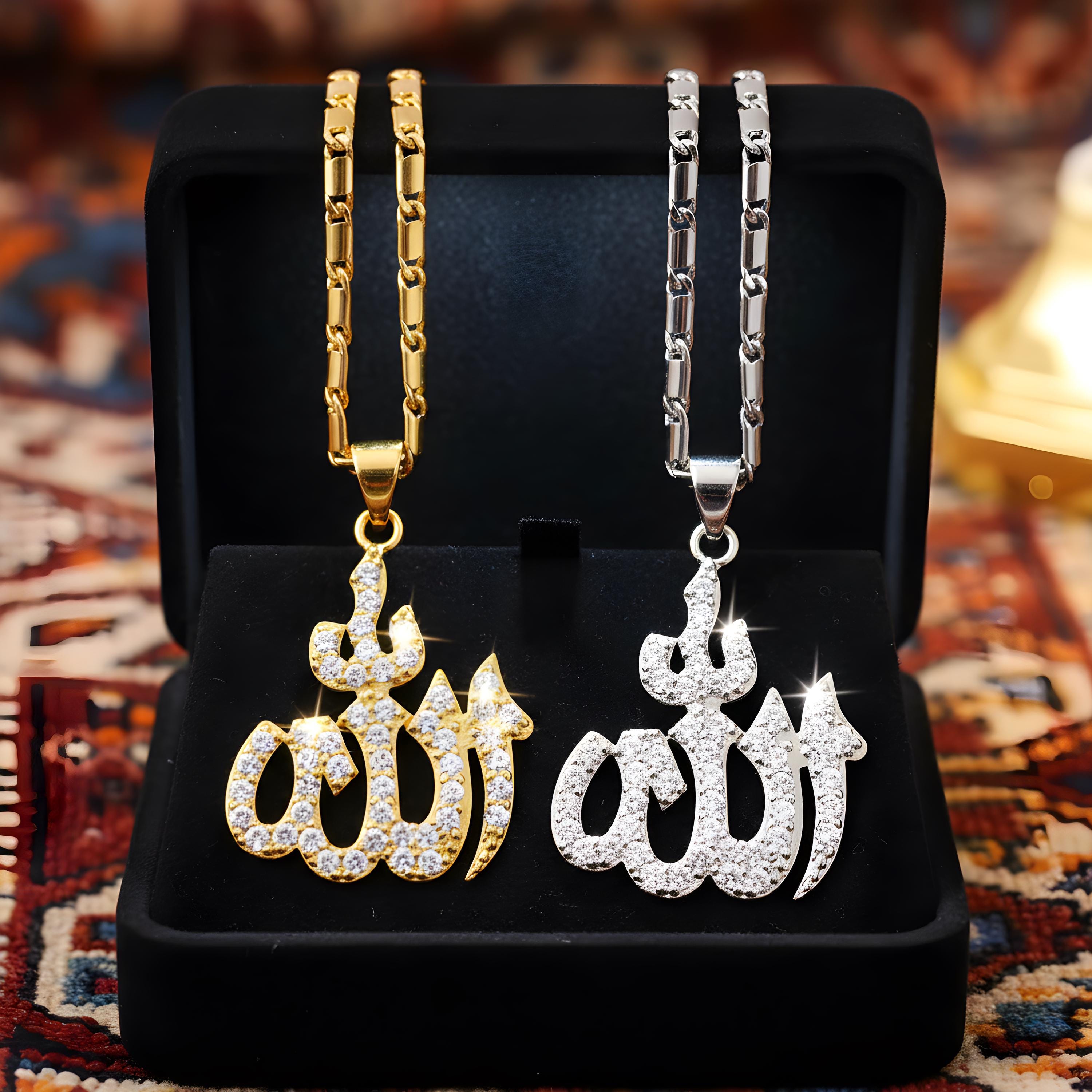 Gold Allah Necklace, Cubic Zirconia Islamic Pendant, Religious Jewelry ...