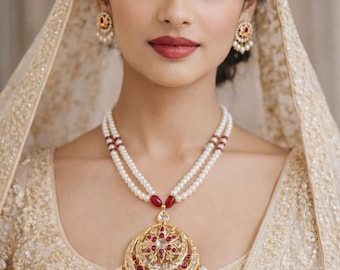 Hyderabadi Jadau Jewelry Set: Gold-Plated Pendant Necklace, Stud Earrings