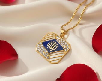 Collier Allah plaqué or 24 carats, bijoux islamiques CZ, émail bleu