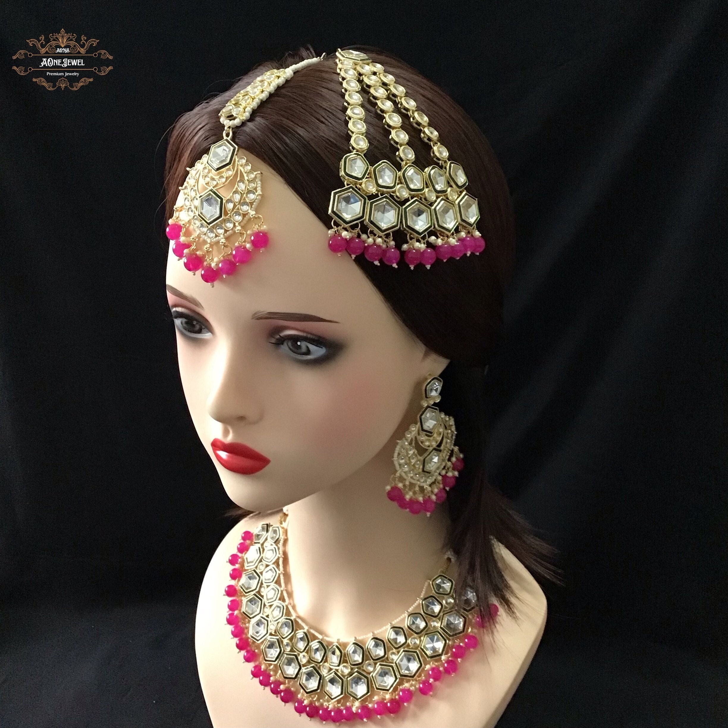 Indian Bridal Magenda Necklace Earrings Jhoomar Tikka Set  display picture 3