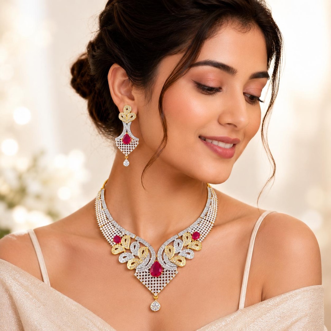 American Diamond Necklace Set, Ruby Pink Zircon Bridal Jewelry Set