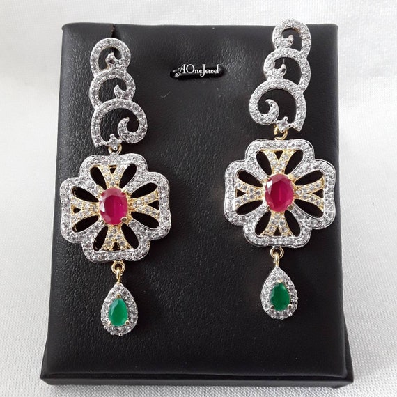 American Diamond 2 Tone Bridal Necklace Set, Ruby Emerald CZ