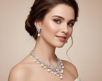 Bridal Elegance CZ Diamond & Pearl 2PCS Necklace Set, Silver Plated Bridal Jewelry, Wedding Necklace Earrings Set, Cubic Zirconia Pearl