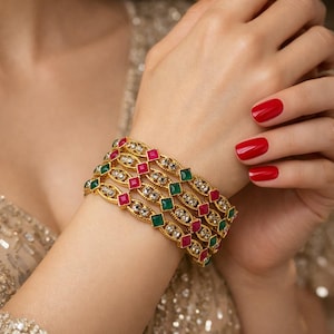 Kundan Pearl Gold Plated Bangles, Indian Bridal Jewelry, Size 2.6(Set of 4)
