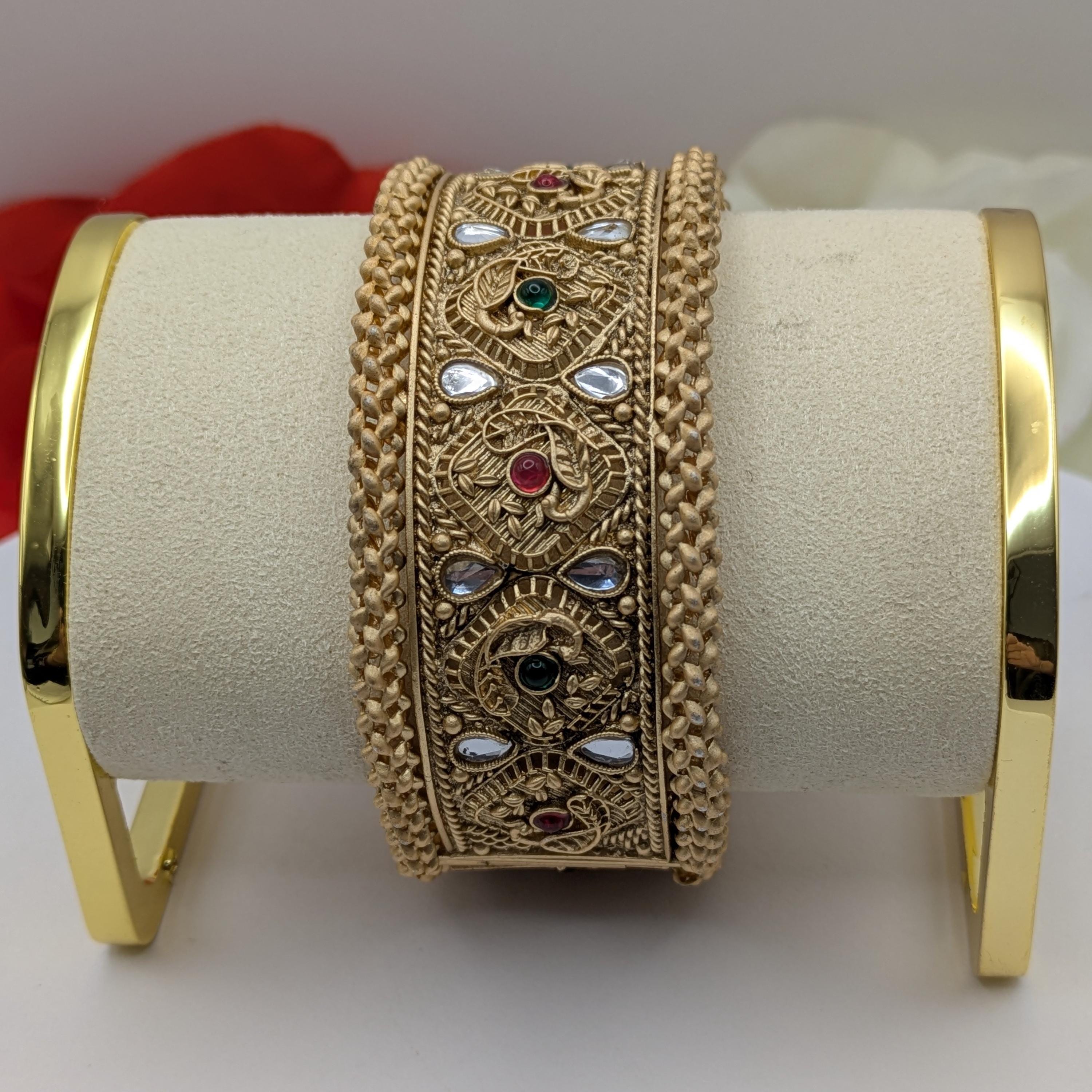 Antique Peacock Kundan Wide Openable Kada – Traditional Gold  display picture 2