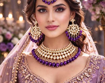 Kundan Pearl Gold Plated Indian Jewelry Set, Ethnic Wedding