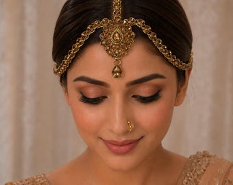 Kundan Matha Patti nuptiale indienne, chaîne de tête plaquée or