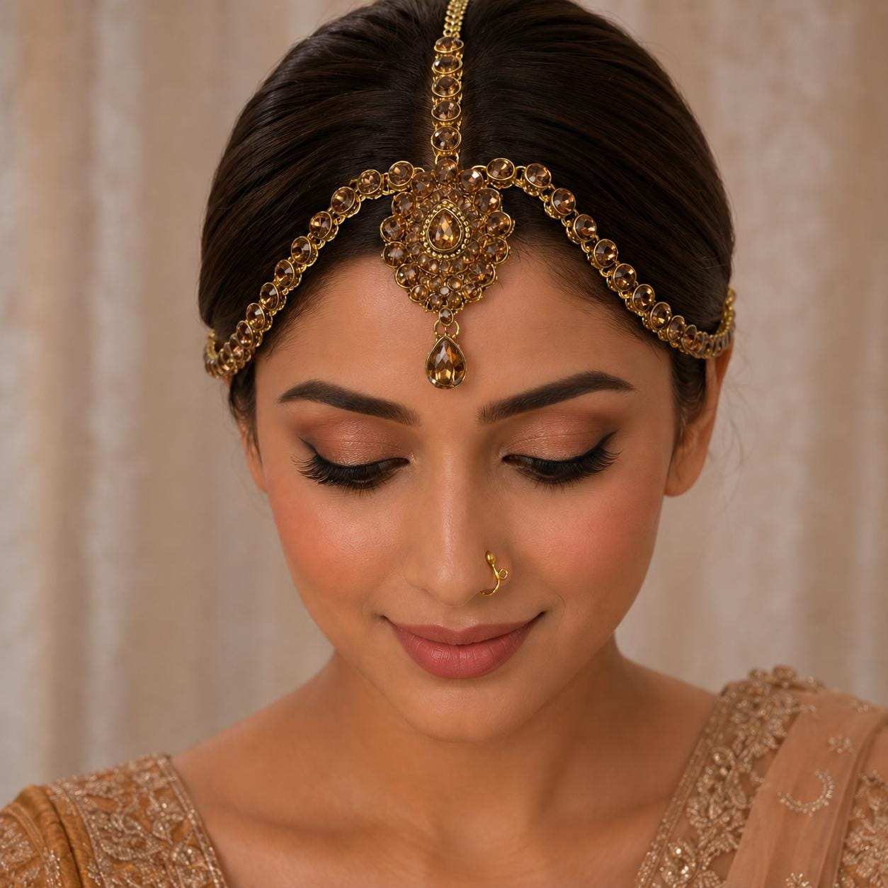 Indian Gold Tone Mangtika Hair Jewelry Bridal Wedding Rhinestone Headpiece Efulgenz Indian Wedding Bridal Headband Hair Accessories  main image 2