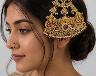 Indian Bollywood Bridal Gold Plated Kundan Pearl Head Piece Jewelry, Jhoomer, Passa, Indian Jewelry, Wedding Hair Accessories, Hair Jewelry